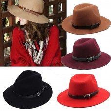 US Mujer Ladies Wide Brim Wool Belt Cowboy Cap Fedora Trilby Warm Winter Hat  eb-69517395